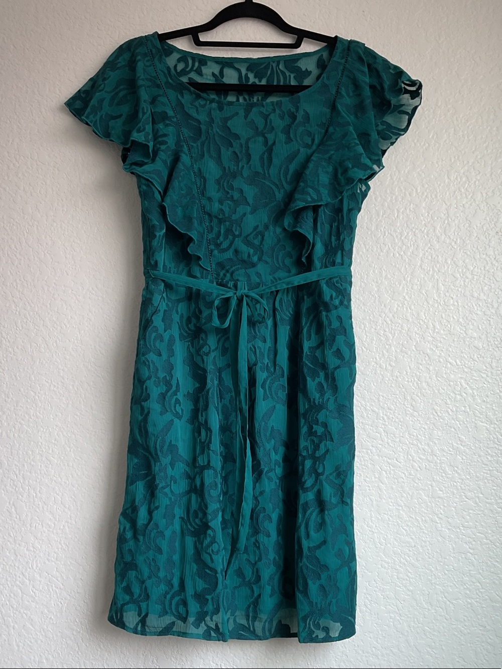 Moulinette Soeurs by Anthropologie Teal Lace Midi Dress with Flutter Sleeves